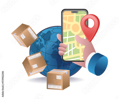 smartphone map with package delivery symbol representing logistics,tracking,and online shopping