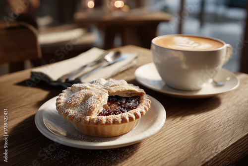 Mince pies - traditional British Christmas pastries filled with spiced fruit mixture, served warm in cozy café setting with festive decorations and hot beverage accompaniment.