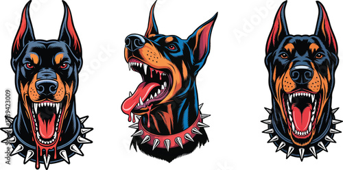 A set of Dobermann dog angry Faces Clipart, Different types flat vector illustration.