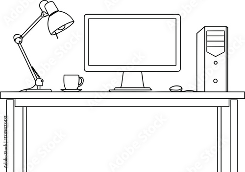 Office desk line art, computer setup, desktop workspace, monitor and lamp, coffee cup, minimal design, organized, ergonomic, clean, modern
