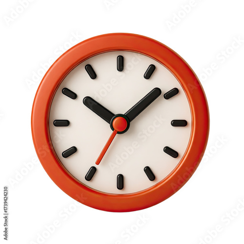 Close up of a small round orange alarm clock showing time on a white face with black hands isolated on transparent background