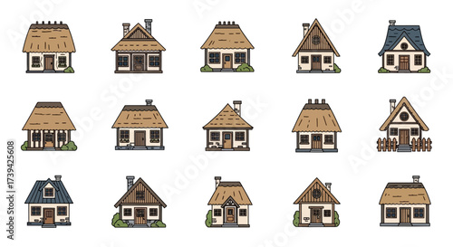 Collection of charming cartoon cottages with thatched roofs