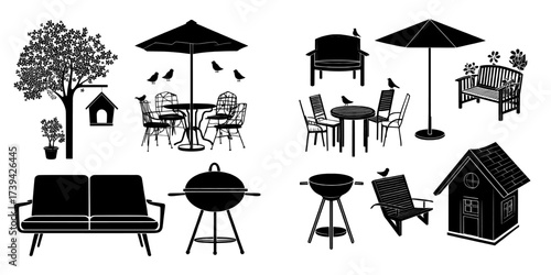 The constructor set of isolated garden elements comprises street furniture like armchairs, couches, tables and chairs, flowers, bbq grills, umbrellas, and birdhouses, all illustrated in a modern