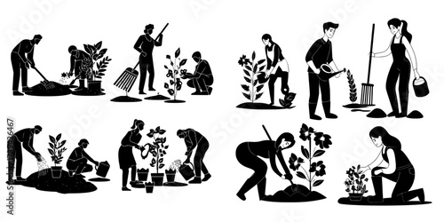 A gardening hobby and farm work concept is illustrated through characters working in a garden, where they are shown harvesting, planting, and caring for plants, raking the ground, and watering