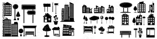 A set of isolated city elements, including a street constructor, is available for urban architecture design, featuring cartoon multistorey houses, street banners, green trees, road signs, flowerpots