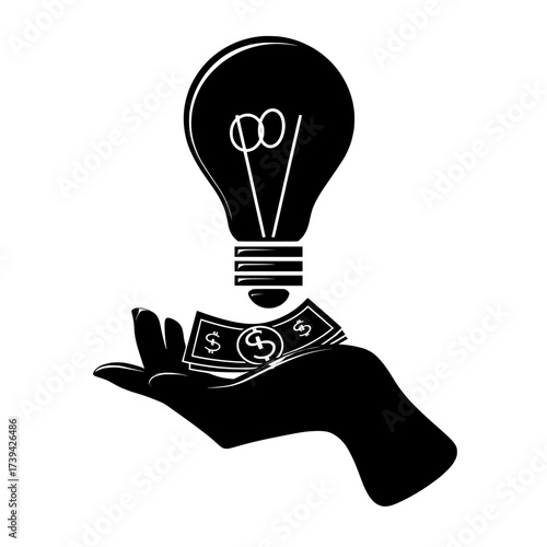 A white background isolates a 3D render icon set of a hand with a light bulb and money, embodying the concept of a human character proposing a creative idea to earn money through startup business