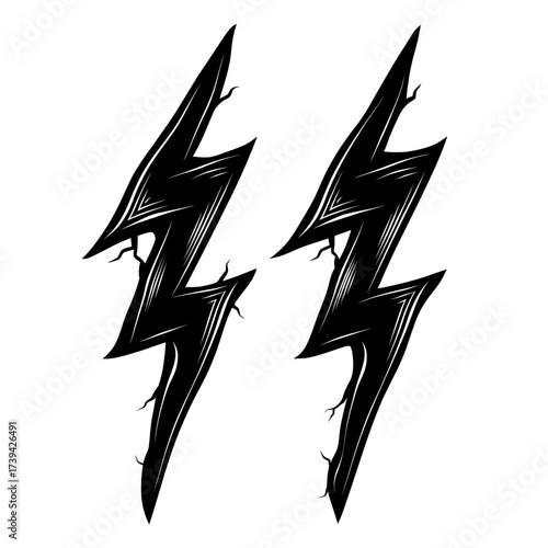 Electric strikes and lightnings are isolated on a white background in a modern cartoon illustration, showcasing black lightning silhouettes and thunderbolts amidst earth ground, rock, or floor cracks