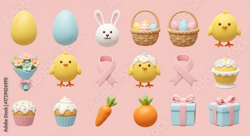 Adorable 3D Rendered Collection of Easter and Spring Celebration Elements on a Soft Pink Background, Perfect for Holiday Designs