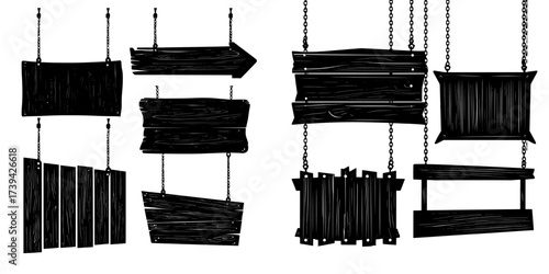 Empty rustic boards, planks, and signboards are illustrated in a modern style, isolated on white, and hung from chains, ropes, or a signpost to indicate direction