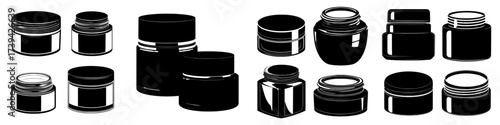 A cosmetics package for face or skin care, including a cream jar and beauty product packs, is shown from the front and top, with both closed and open containers featuring screw caps, in a realistic