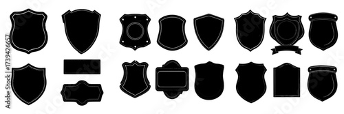 A collection of vintage-style badge templates, including black patch silhouettes, police badges, shields, and labels, all isolated on a white background