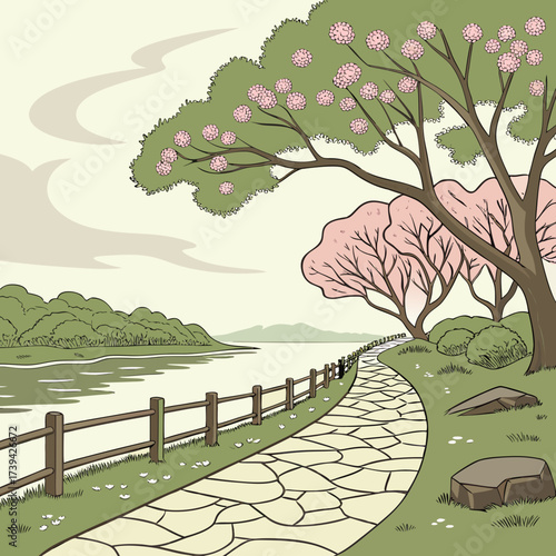 A picturesque stone pathway winds alongside a tranquil lake bordered by blooming cherry blossom trees and lush green foliage