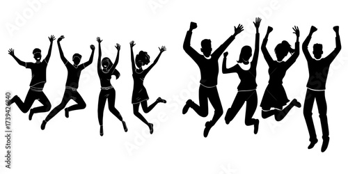 Joyful individuals leap with their arms up in the air, as upbeat males and characters emerge victorious, experiencing positive feelings, delight, and jubilation over their triumph or accomplishment,