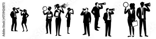 HR managers are on the lookout for a job candidate, with flat characters seeking an employee by utilizing a magnifying glass, binoculars, and a loudspeaker to declare an open vacancy, representing a