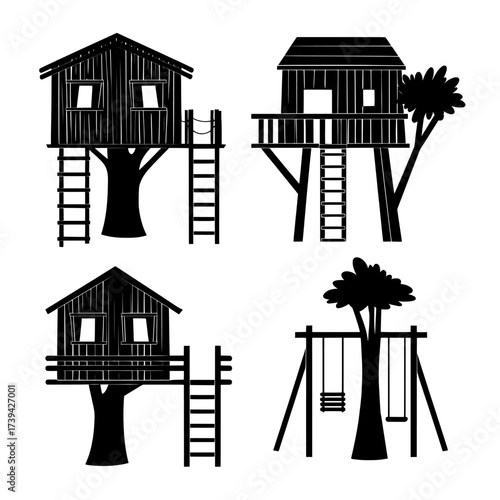 Wooden tree houses for children, including ladders and swings, are great additions to summer parks, gardens, backyards, or kids' playgrounds, depicted in a modern cartoon set against a white