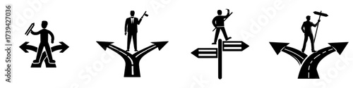 A man is positioned at a crossroads with a fork that indicates both difficult and easy paths, symbolizing a decision-making process in the face of business challenges