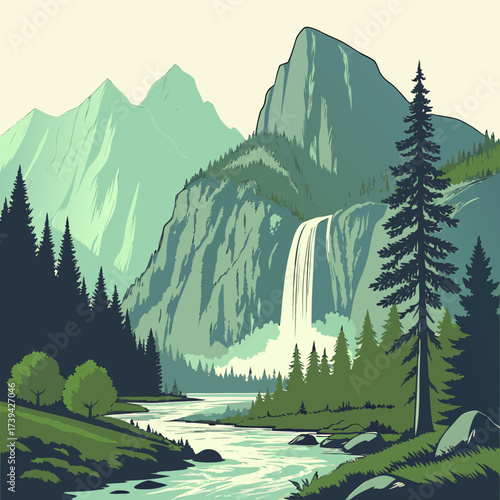 Majestic mountain waterfall cascading into a serene river surrounded by lush green pine forests and rolling hills