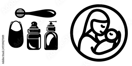 The baby care icons set, featuring editable stroke outlines, is shown on a white background in a modern flat illustration style, with pixel perfection at 64 x 64 dimensions