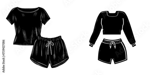 Women's sleepwear set illustrated in a modern flat sketch template, including a drop shoulder, boat neck, long sleeve crop top t-shirt paired with drawstring waist short pants, and a CAD mockup