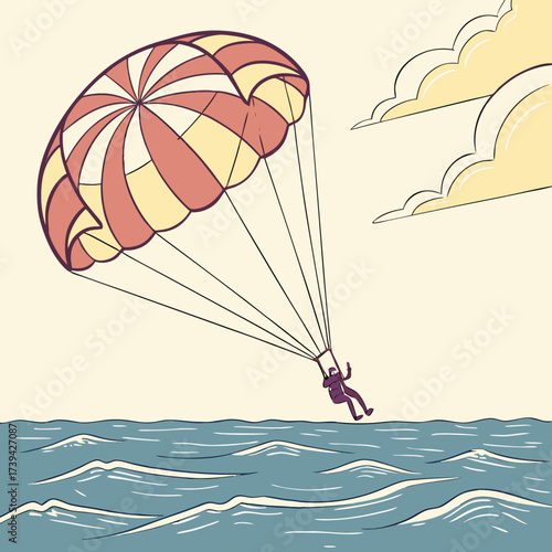 Person paragliding over wavy ocean under a pale sky with stylized clouds and a colorful parachute
