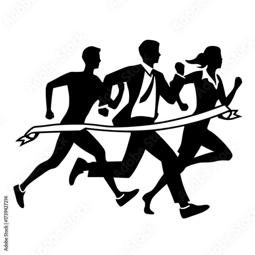 A modern flat illustration showcases people competing in a business race, with a businessman at the forefront, tearing the finish ribbon as he crosses the line first, thereby winning the corporate