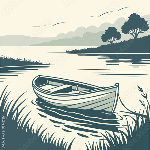 Serene lake scene with a rowboat tied to shore amidst tall grass and distant trees