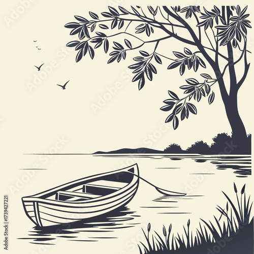 Serene lake scene with a solitary rowboat tied to a tree branch under a leafy canopy