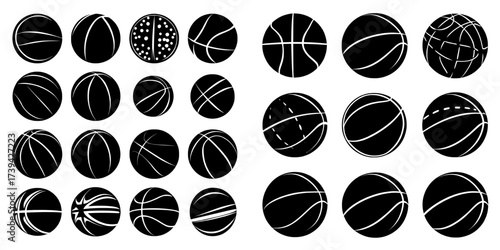 The collection features a basketball ball icons set, a solo basketball ball icon, and black basketball symbols, showcased through modern illustration