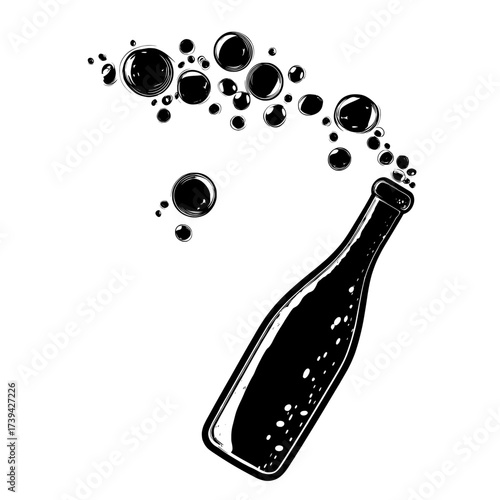 A modern representation of effervescent drinks, including soda and champagne, features underwater bubbles isolated on a white background, evoking the imagery of aquarium, sea, or ocean bubbles
