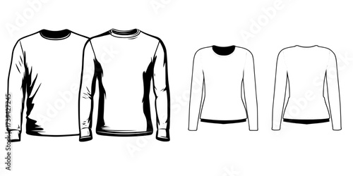 The CAD template for a crew neck long sleeve shirt features a technical drawing with front and back views, in white, for unisex designs