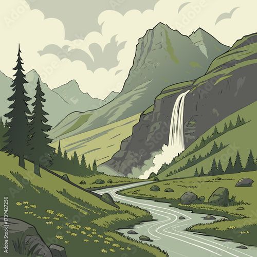 Serene mountain landscape with a cascading waterfall and winding river flowing through green valleys