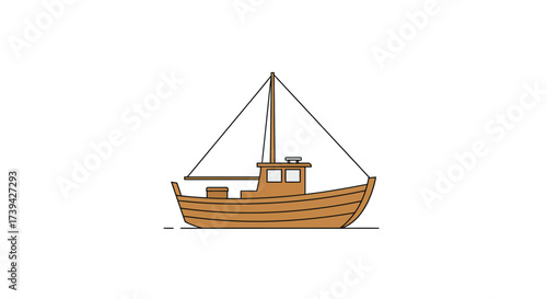 Simple Illustration of a Brown Wooden Fishing Boat with Mast.