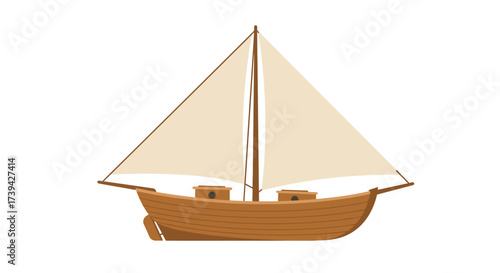 Illustration of a Wooden Sailboat with Beige Sails.