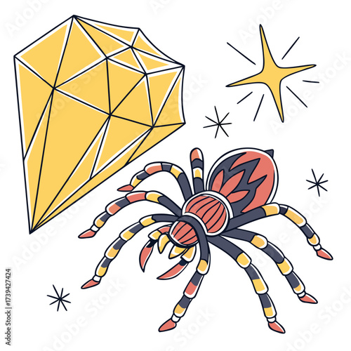 Stylized colorful tarantula spider with a bright yellow diamond and sparkling stars on white background