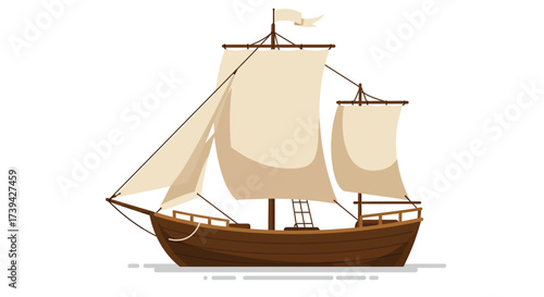 Cartoon Illustration of a Brown Wooden Sailing Ship with Sails.
