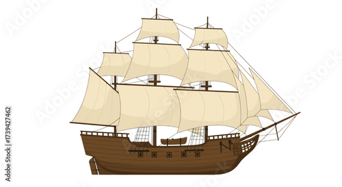 Detailed Illustration of a Classic Sailing Ship with Sails.