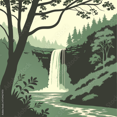 Stylized illustration of a majestic waterfall cascading into a serene river surrounded by lush green forest and trees