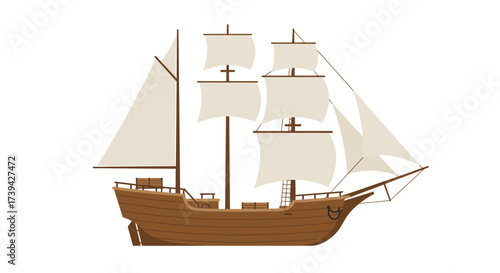 Illustration of a Brown Wooden Sailing Ship with White Sails on White Background.