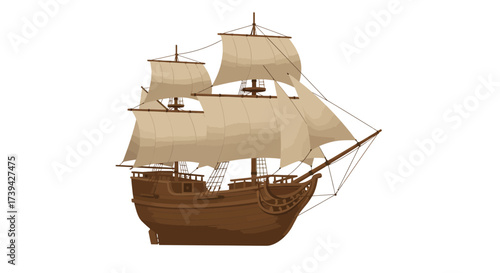 Detailed Illustration of a Brown Sailing Ship with Cream Sails.
