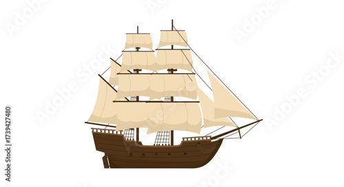 Detailed Illustration of a Brown Wooden Sailing Ship with Cream Sails.