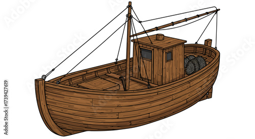 Detailed Illustration of a Classic Wooden Fishing Boat.