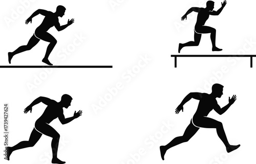 Running and jumping silhouette set, athletic motion poses, black vector illustration, sprint, hurdle, leap, dynamic sports movement, training