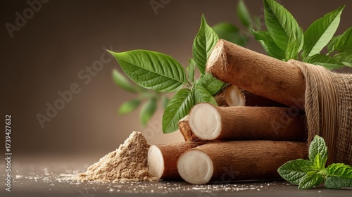Pile of sustainably harvested sticks arranged artistically with fresh green leaves and some natural powder on a neutral colored surface in a rustic setting.
