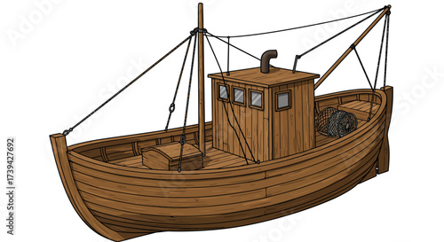 Detailed Illustration of a Classic Wooden Fishing Boat.