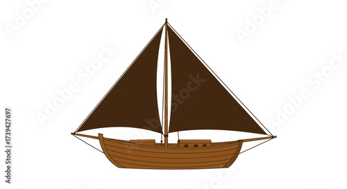 Brown Wooden Sailboat with Triangular Sails Illustration.