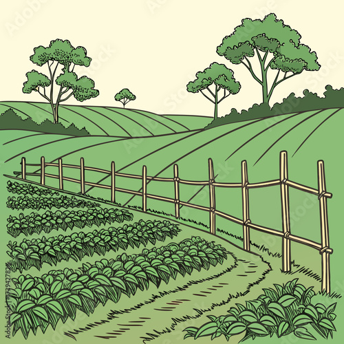 Green rolling farmland with rows of crops and a rustic wooden fence under a clear sky