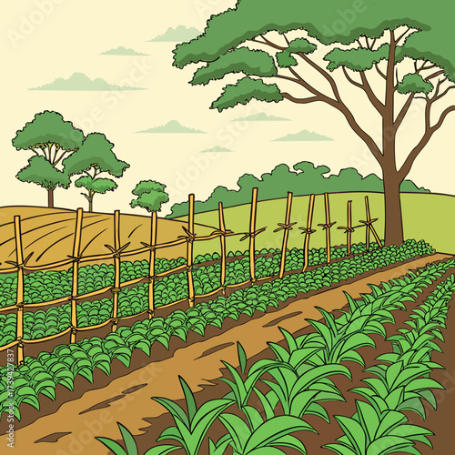 Lush green crops growing in neat rows on a farm with a bamboo fence and trees