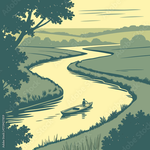 Serene river journey with a lone person rowing a boat through rolling green hills and trees