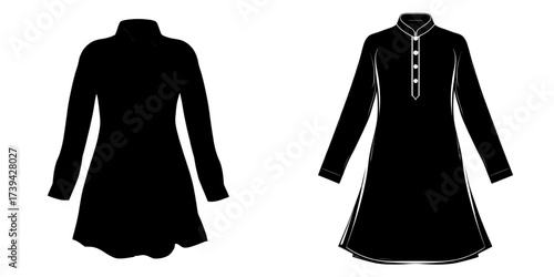 The Long sleeve Shirt Dress features a Flared Front and Full Placket Kurta, showcased in both Front and Back View, as a modern fashion illustration