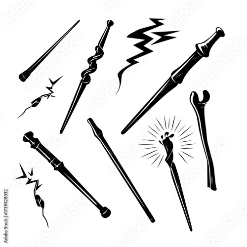 Modern cartoon set of sorcerer wooden sticks, including magic staves with vfx of spells, wizard or magician scepters isolated on background, and black wands with glow and lightnings